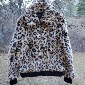 Leopord Print Faux Fur Bomber Jacket